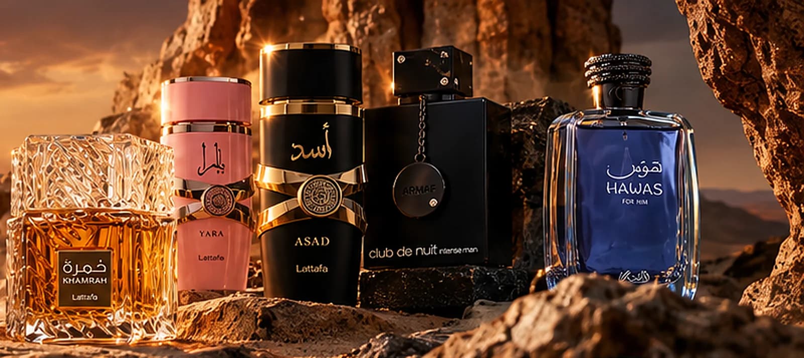 Perfumes da coleção Dunas sobre as pedras do deserto ao pôr do sol