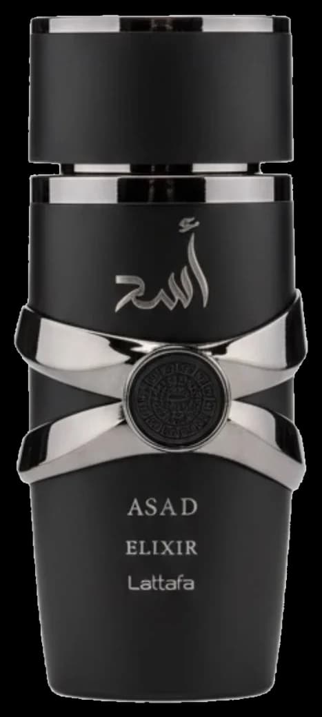Frasco preto com laço prateado do Lattafa Asad Elixir 100ml